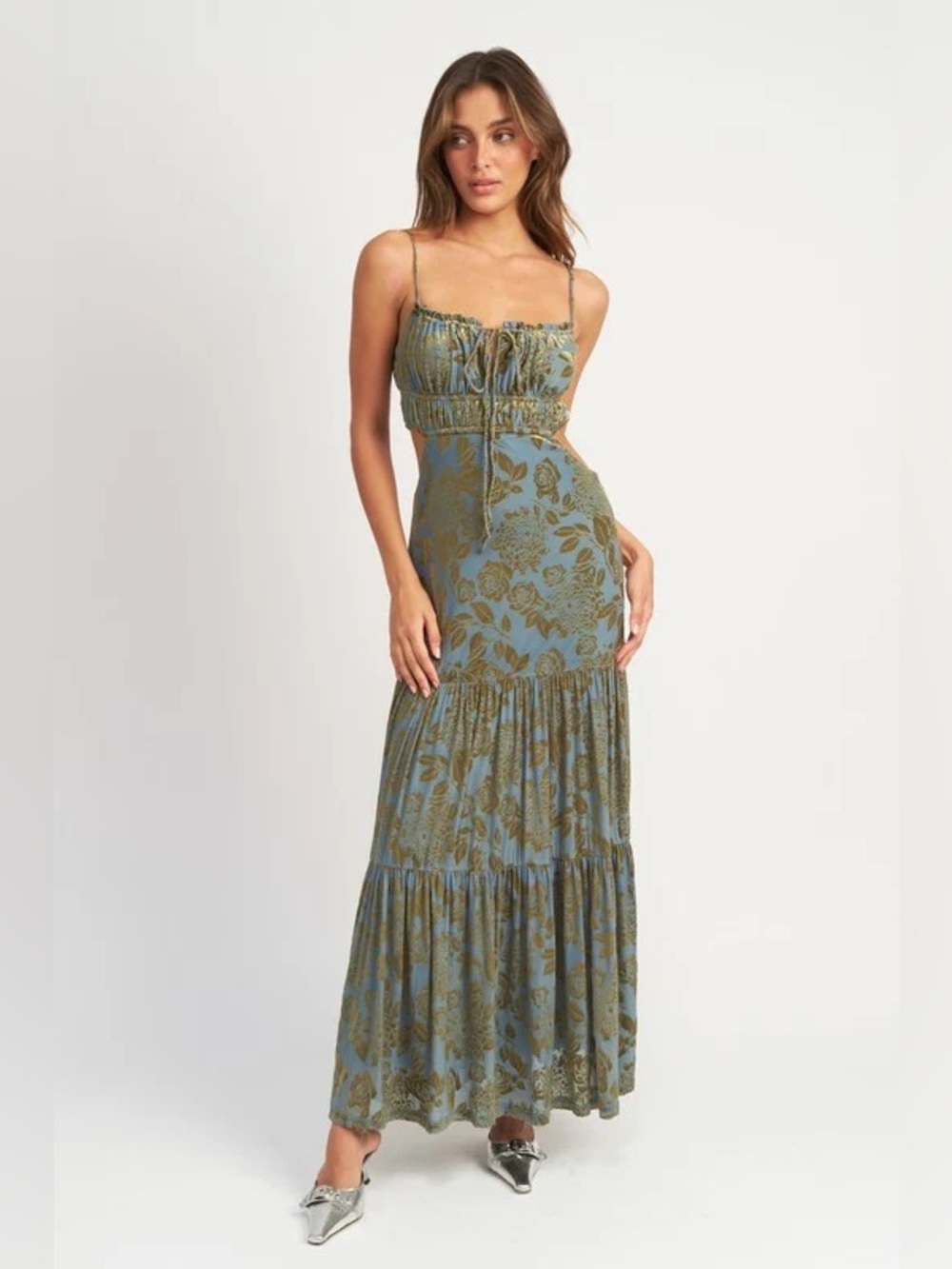Emory Park Ruched Maxi Dress With Open Back Green Size S EUC
